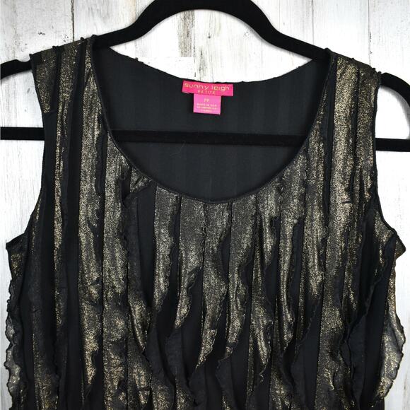 Vintage Sunny Leigh black/gold ruffle sleeveless tank top blouse sz petite small - Picture 2 of 8